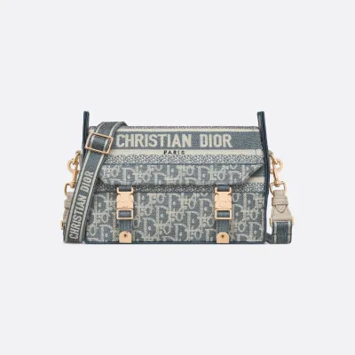 Dior Small Diorcamp Bag In Blue Dior Oblique Embroidery/Blue Dior Oblique Chambray-Effect Embroidery