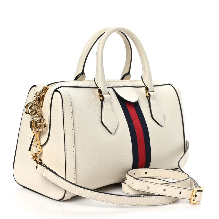 Gucci Medium Ophidia Boston Bag Mystic White Suede & Patent Leather GG Web Gold Hardware