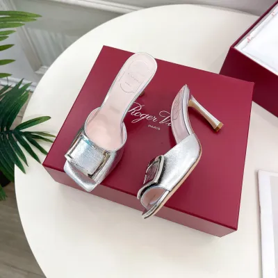 Roger Vivier Trompette Mules High Heels In Pink/Gold/Silver Leather With Metal Buckle (Heel Height 8.5cm)