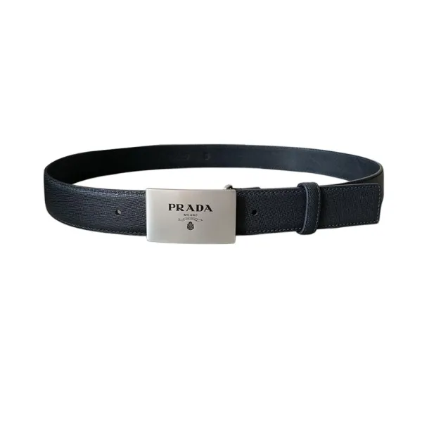 Prada Men' s Square Buckle Belt In Black/Blue Saffiano Calfskin With Silver/Black Hardware 35mm