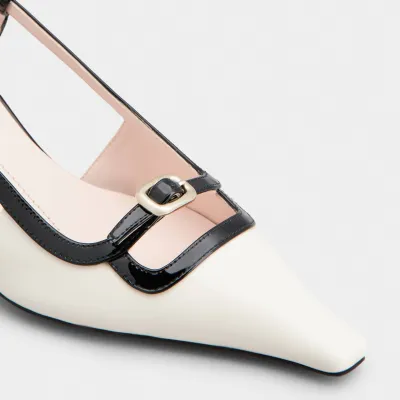 Roger Vivier Viv' Canard Slingback Pumps High Heels In Black/White Leather With Metal Buckle (Heel Height 5.5cm)