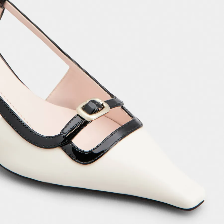 Roger Vivier Viv' Canard Slingback Pumps High Heels In Black/White Leather With Metal Buckle (Heel Height 5.5cm)