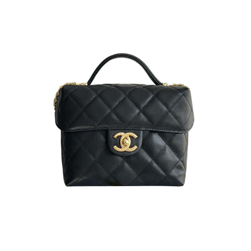 Bolsa Chanel Box pequena com estampa de bolas em couro bovino preto com botão dourado e alça transversal