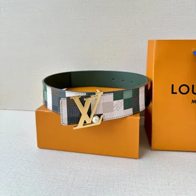 Louis Vuitton Men's Initiales Pearls Reversible Belt In Green/Red Damier Canvas With Gold/Silver Hardware 40mm