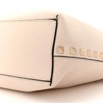 Valentino Garavani Small Rockstud Flip Lock Tote Bag Light Ivory/Rubino Grained Calfskin Leather Gold Hardware