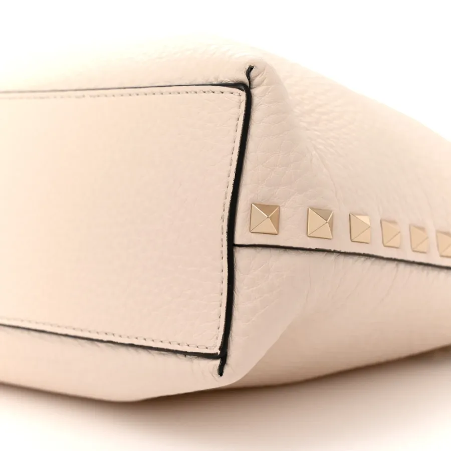 Valentino Garavani Small Rockstud Flip Lock Tote Bag Light Ivory/Rubino Grained Calfskin Leather Gold Hardware