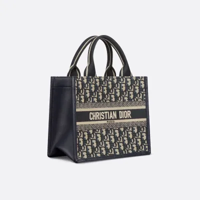 Dior Small Dior Book Tote In Blue Dior Oblique Embroidery Canvas and Calfskin Gold Hardware