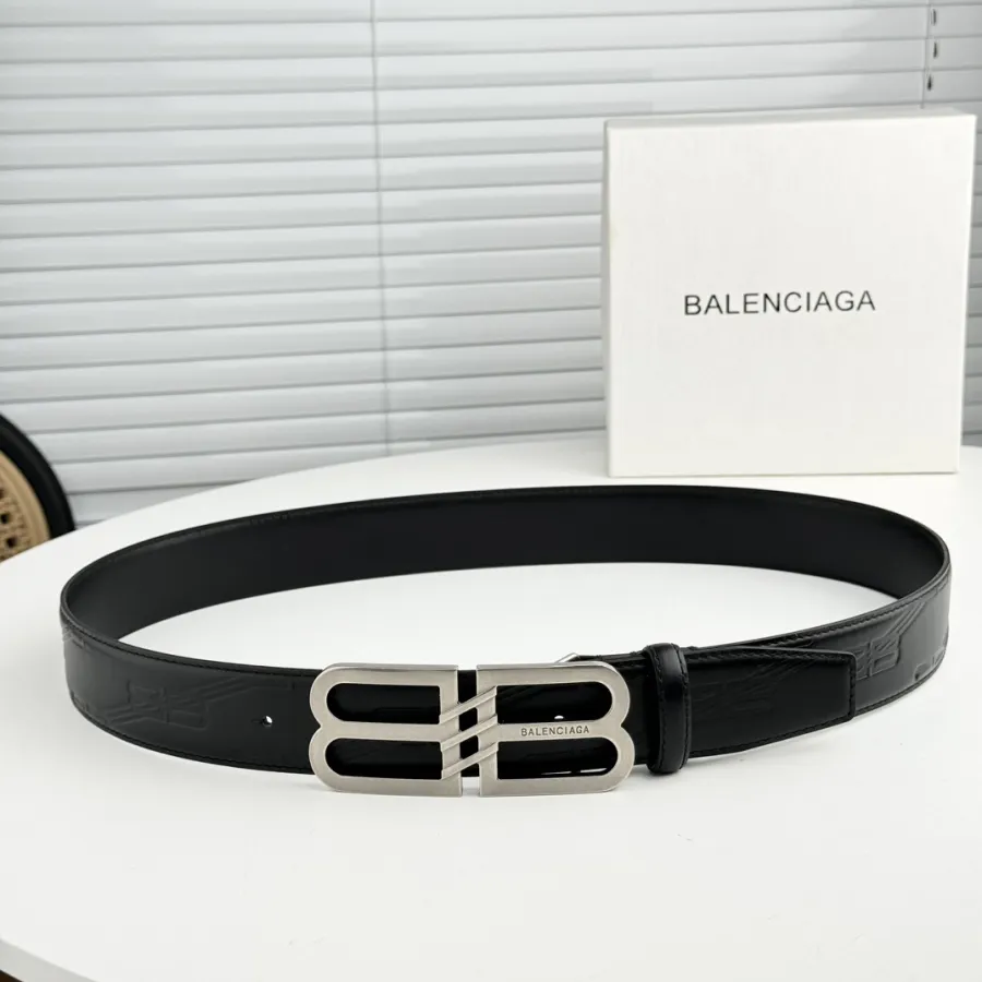 Balenciaga Men's BB Signature Belt In Black BB Monogram Calfskin With Gold/Silver Hardware 40mm