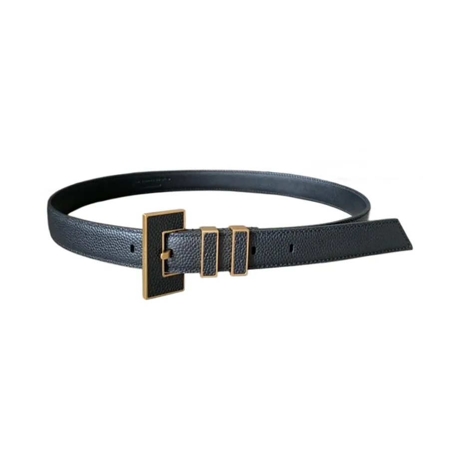 Saint Laurent Carre Rive Gauche Double-Loop Belt In Black Calfskin With Gold/Silver Hardware 25mm