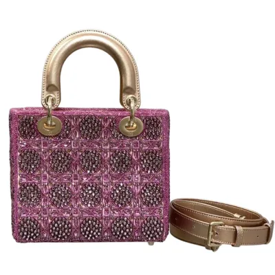 Dior Small Lady Dior Bag Metallic/Blue/Grey Lambskin and Rose des Vents/Dark Blue/Light Grey Satin Embroidered with Beads Gold Hardware