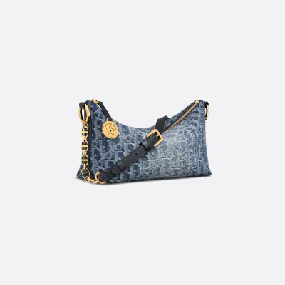 Dior Diorstar Hobo With Chain Denim Blue And White Oblique Canvas Gold Hardware