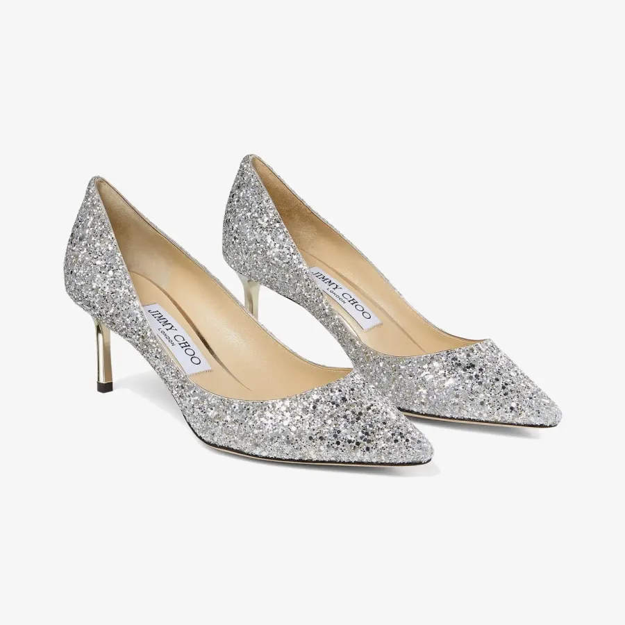 JIMMY CHOO Silver coarse grain glitter fabric pointed heels