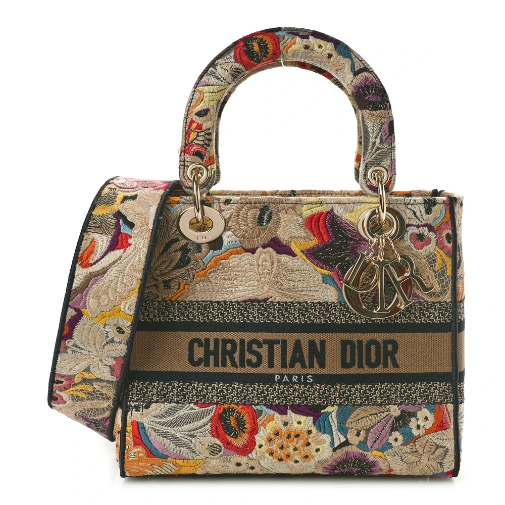 Dior Medium Lady D-Lite Bege/Preto/Multicolor Floral em Canvas Bordado com Hardware Dourado