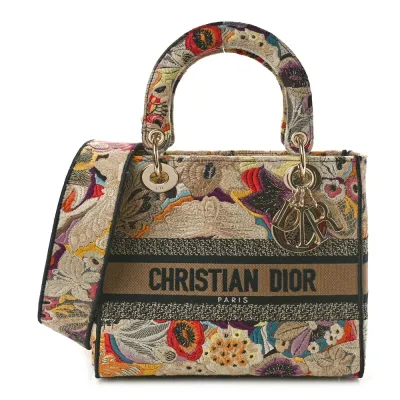 Dior Medium Lady D-Lite Beige/Black/Multicolor Floral Embroidered Canvas Gold Hardware