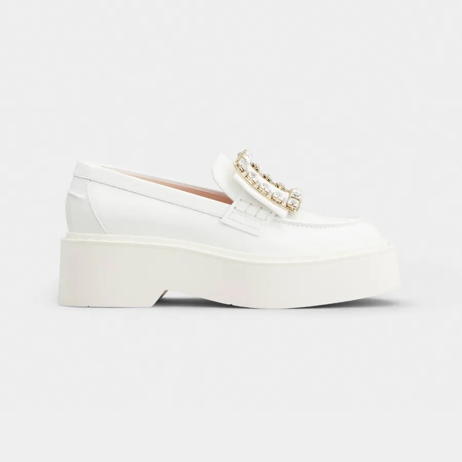 Roger Vivier Viv' Rangers Loafers In White Patent Leather With Crystal Buckle (Heel Height 5.5cm)