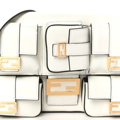 Fendi Multipocket Baguette White Ice Shiny Nappa Leather Gold Hardware