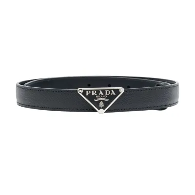 Prada Women' s Triangled Buckle Belt In Black Calfskin With Gold/Silver Hardware 30mm