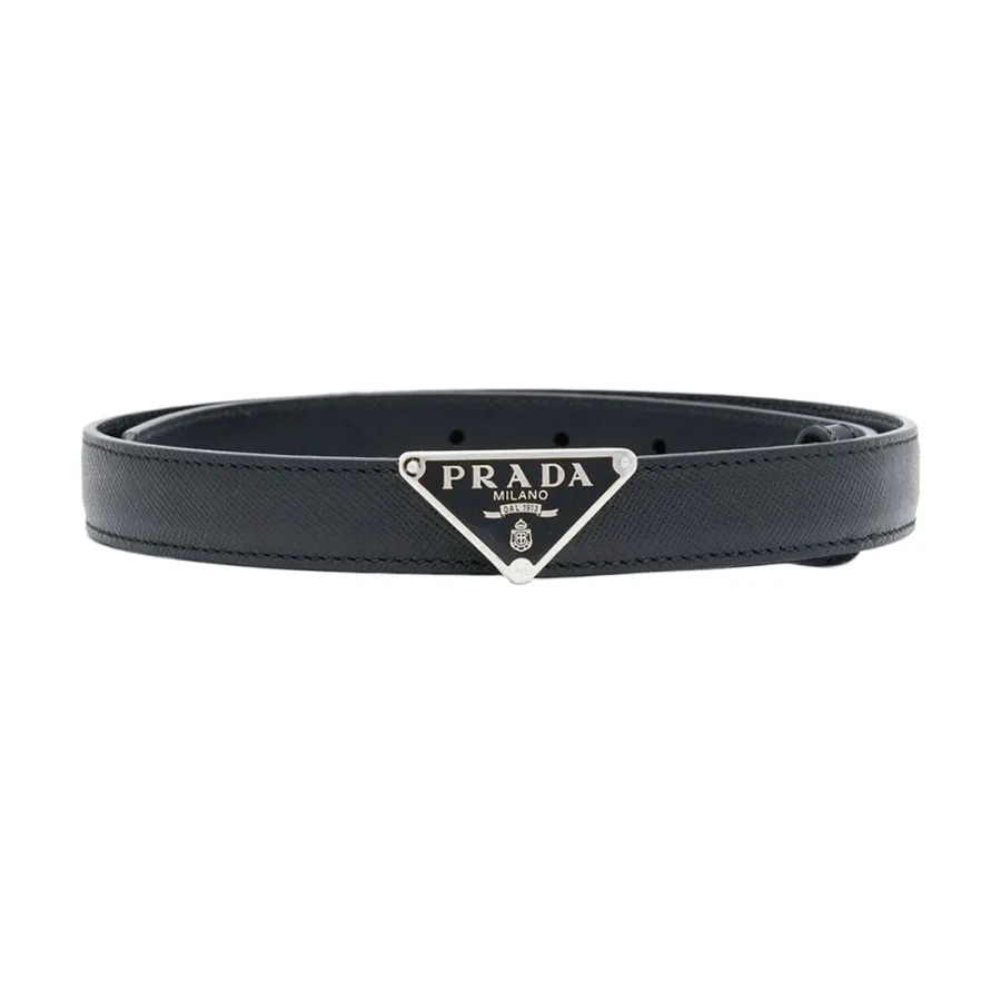 Prada Women' s Triangled Buckle Belt In Black Calfskin With Gold/Silver Hardware 30mm