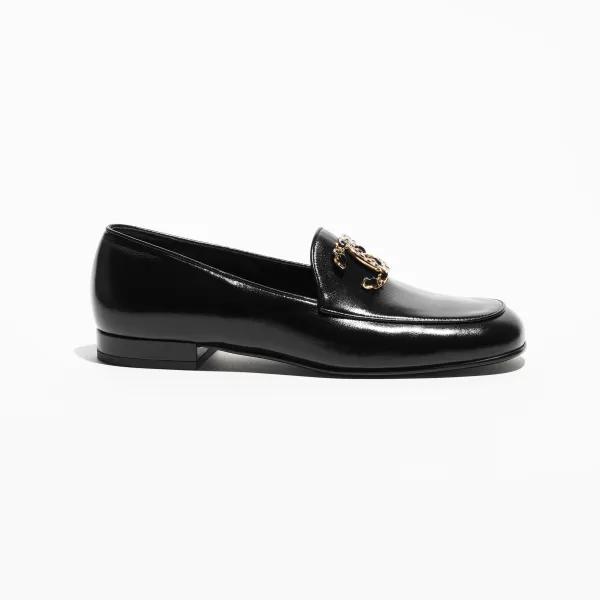 Chanel Black glossy calfskin, rhinestone and metal Loafers