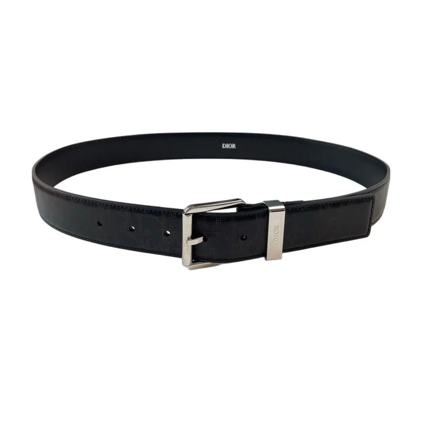 Dior Men' s Square Buckle Belt In Black Patterned Calfskin With Silver Hardware 35mm