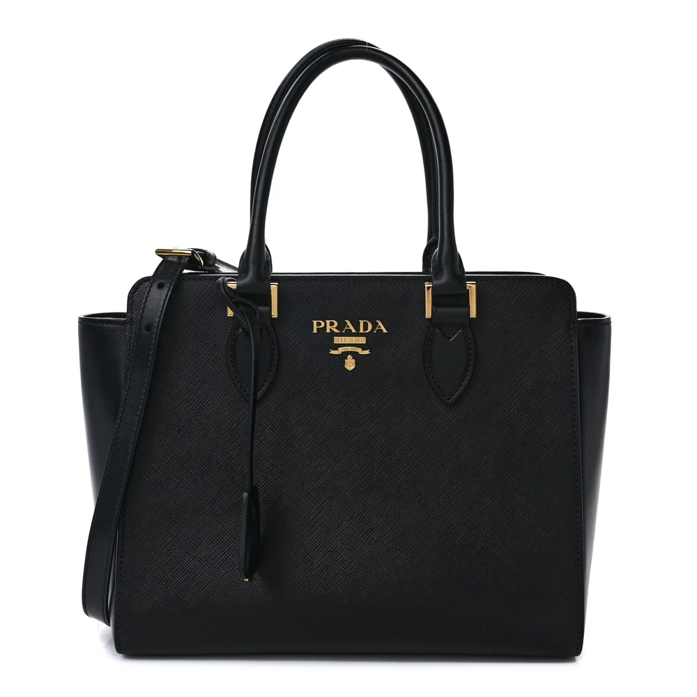 Prada Bolsa Tote Pequena com Zíper Preta em Couro Calfskin Macio Saffiano Hardware Dourado