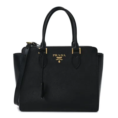 Prada Small Zippered Tote Bag Black Saffiano Soft Calfskin Leather Gold Hardware
