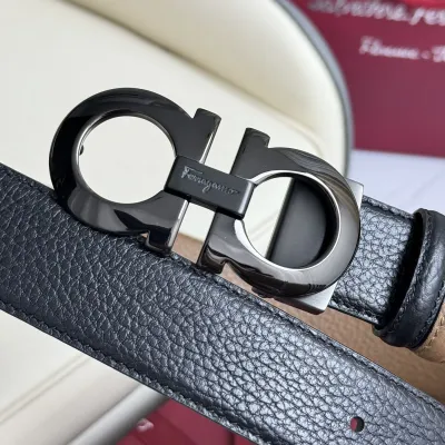 Ferragamo Men's Double Gancini Buckle Reversible Belt In Black/Brown Grained Calfskin With Gold/Silver/Black Hardware 35mm