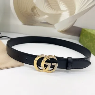 Gucci Women's GG Buckle With Beading Marmont Thin Belt In Black/White/Brown/Silver Smooth Calfskin With Gold/Silver Hardware 30mm