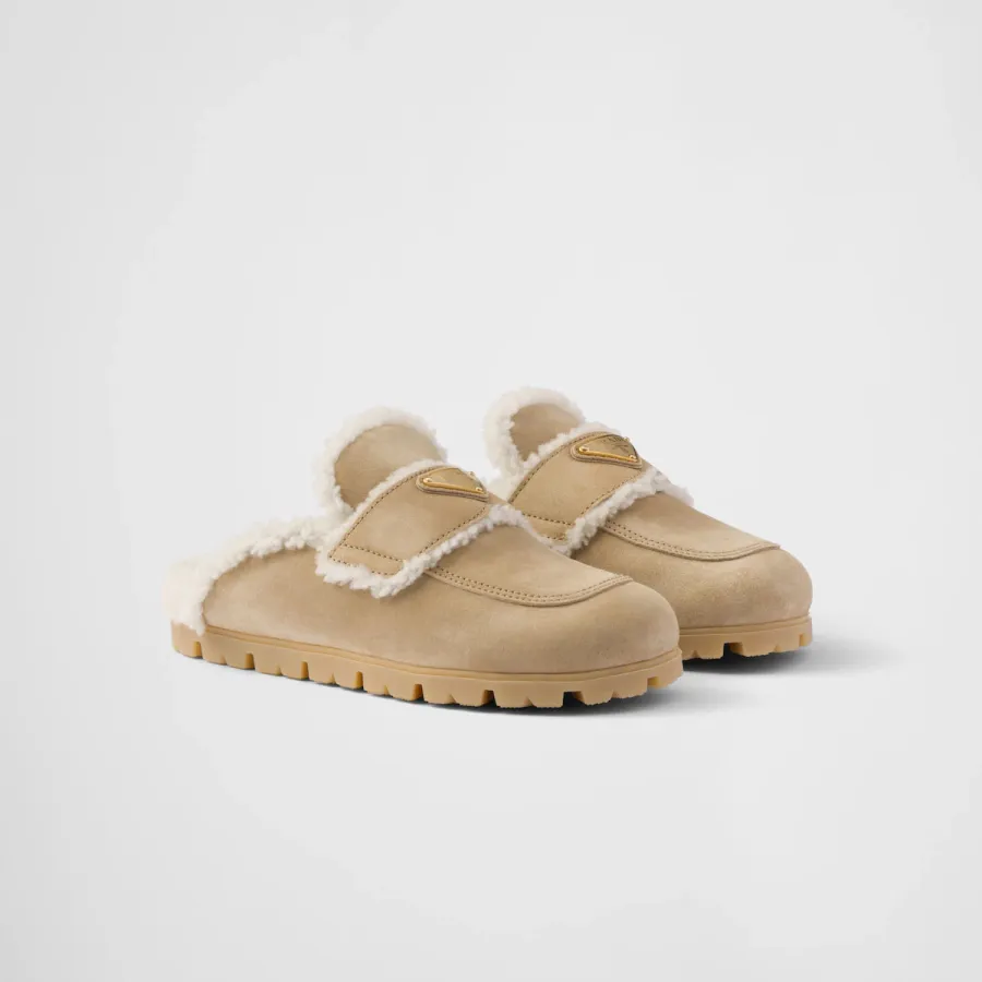 PRADA Beige suede leather and sheepskin slippers