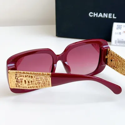 CHANEL square frame glasses red gold color size 54-20-140