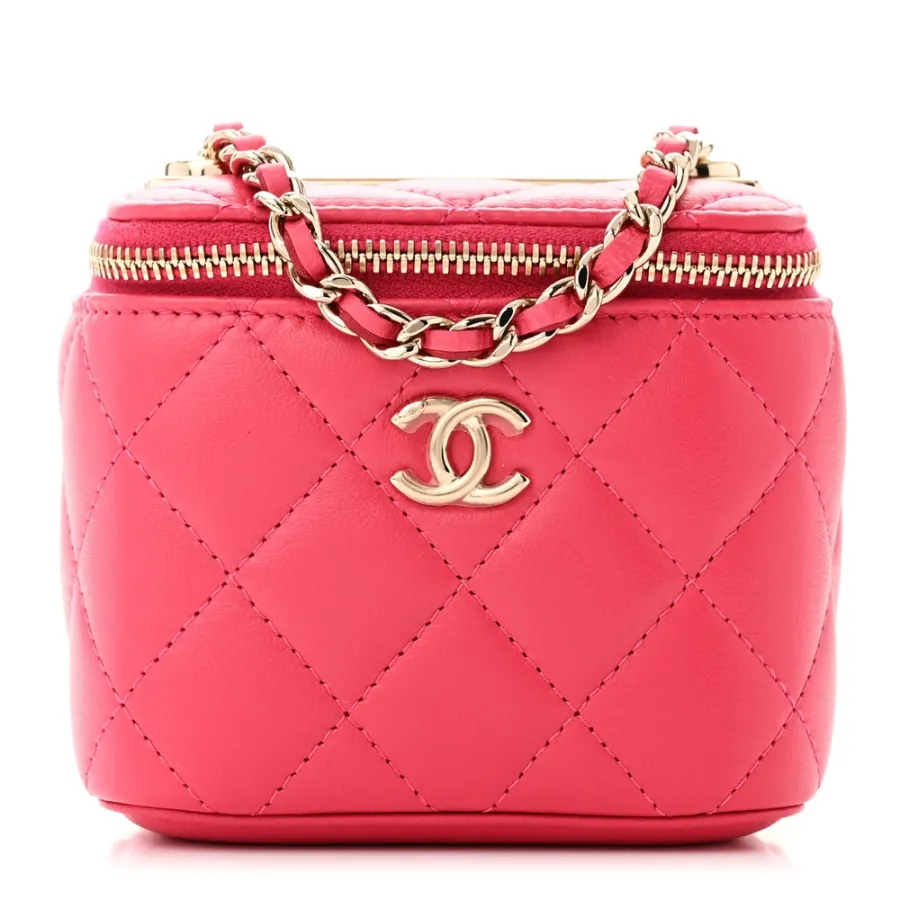 Chanel Trendy Mini Vanity Case With Chain Dark Pink Quilted Lambskin Leather Gold Hardware