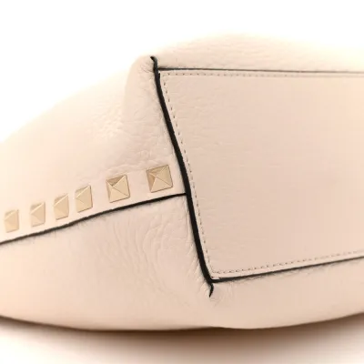Valentino Garavani Small Rockstud Flip Lock Tote Bag Light Ivory/Rubino Grained Calfskin Leather Gold Hardware