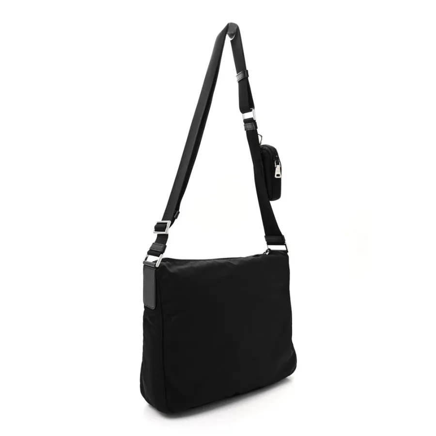 Prada Medium Pocket Double Zip Messenger Bag Black Re Nylon Vela & Saffiano Leather Silver Hardware
