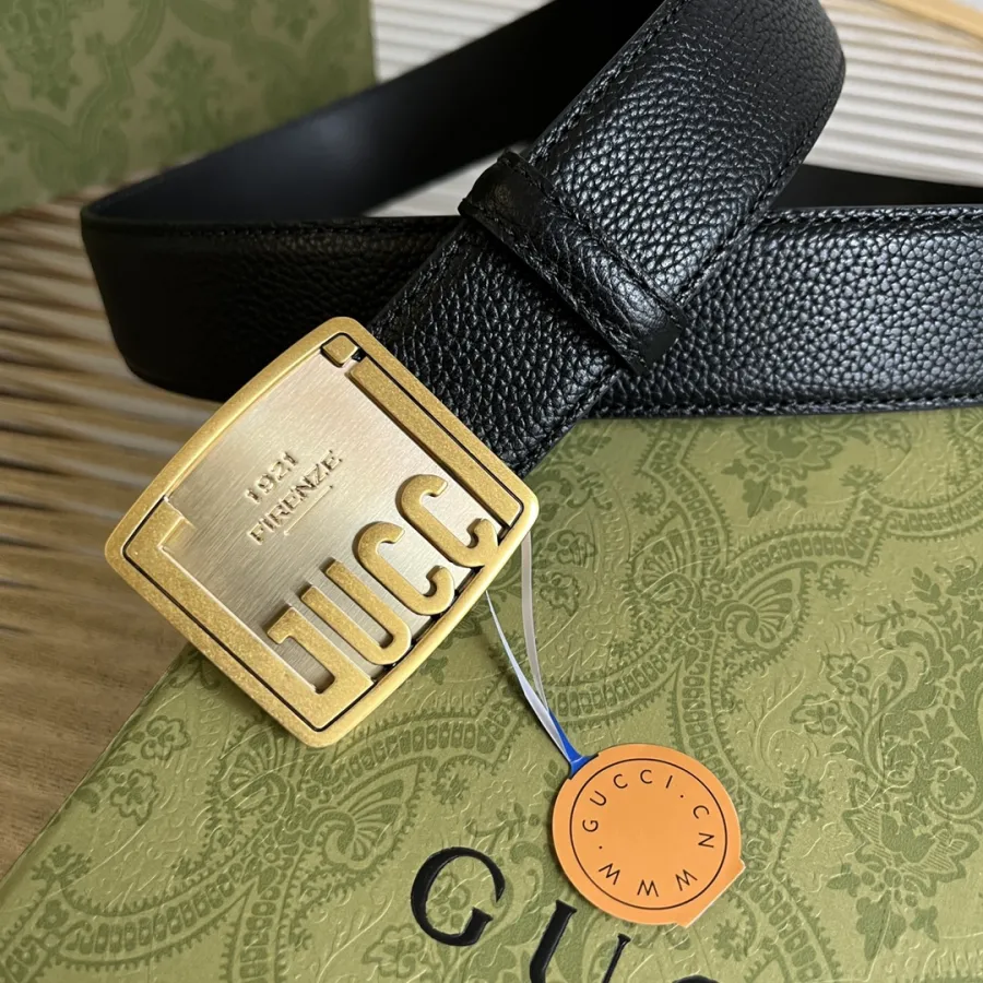 Gucci Men's Plaque Buckle Belt In Black/Brown Grained Calfskin With Gold/Silver Hardware 35mm