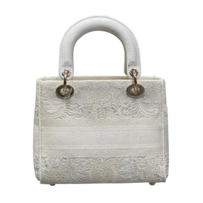 Dior Medium Lady D-Lite In White/Black Lace Embroidered Canvas Gold Hardware