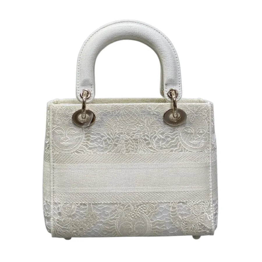 Dior Medium Lady D-Lite In White/Black Lace Embroidered Canvas Gold Hardware