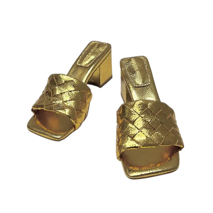 Bottega Veneta Parco Mule In Gold Intrecciato Leather Kitten-Heel Mule Sandal (Heel Height 4.5cm)