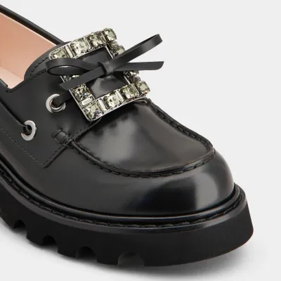 Roger Vivier Viv' Rangers Truck Boat Shoes Loafers In Black Leather With Crystal Buckle (Heel Height 4.5cm)