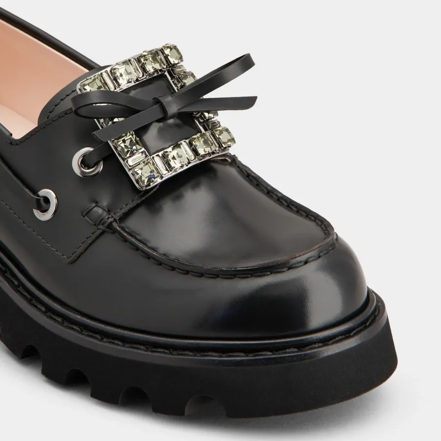 Roger Vivier Viv' Rangers Truck Boat Shoes Loafers In Black Leather With Crystal Buckle (Heel Height 4.5cm)