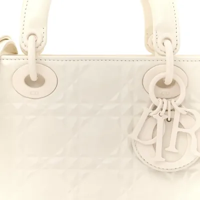 Dior Medium Lady D-Joy Latte Diamond Cannage Calfskin Leather Matte White Hardware