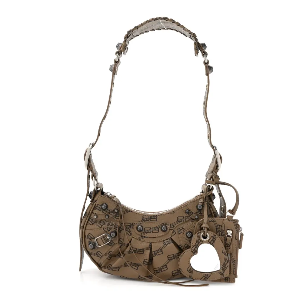 Balenciaga XS Le Cagole Bolsa de Ombro Bege/Marrom Canvas Revestido Monograma BB Ferragens Prateadas