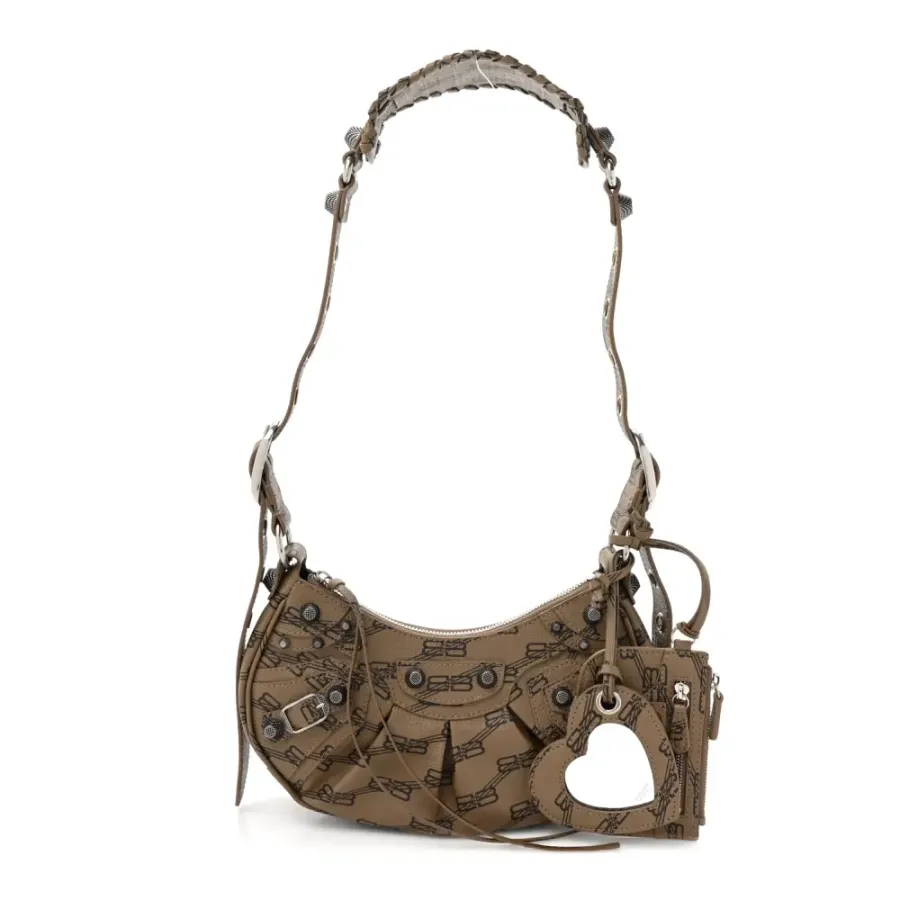 Balenciaga XS Le Cagole Shoulder Bag Beige/Brown Coated Canvas BB Monogram Silver Hardware