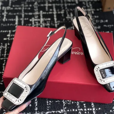 Roger Vivier Belle Viver Slingback Pumps High Heels In Black Patent Leather With Crystal Buckle (Heel Height 4.5cm)