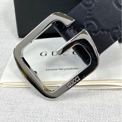 Gucci Men's Square G Buckle Belt In Black Monogram Calfskin With Gold/Silver Hardware 38mm