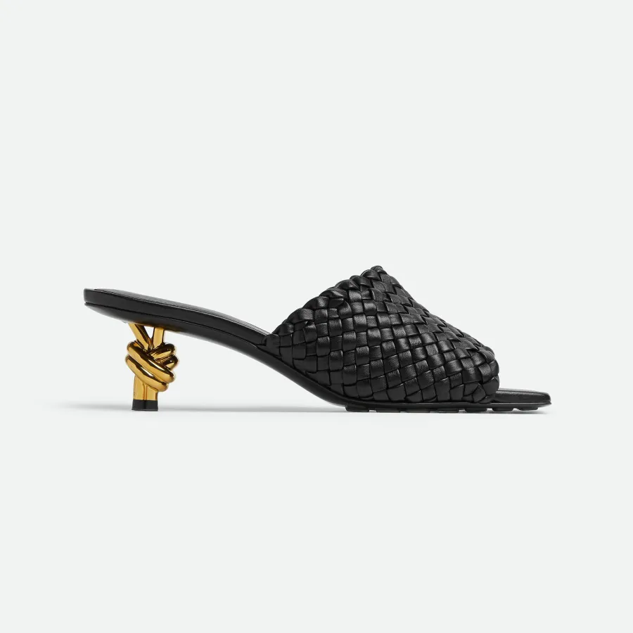 Bottega Veneta Knot Mule In Black Intrecciato Leather Mule With Signature Metal Knot Heel (Heel Height 4.5cm)