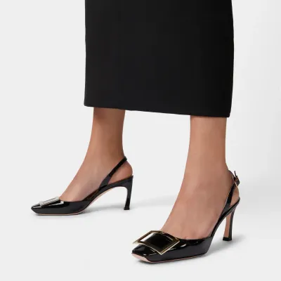 Roger Vivier Trompette Slingback Pumps High Heels In Black Patent Leather With Metal Buckle (Heel Height 7cm)