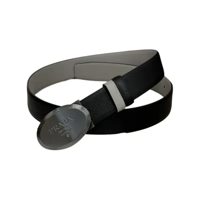 Prada Men' s Oval Buckle Belt In Black/Brown/Burgundy/Grey Saffiano Calfskin With Gold/Silver Hardware 34mm