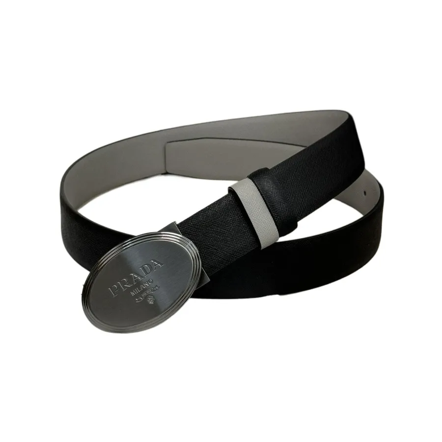 Prada Men' s Oval Buckle Belt In Black/Brown/Burgundy/Grey Saffiano Calfskin With Gold/Silver Hardware 34mm