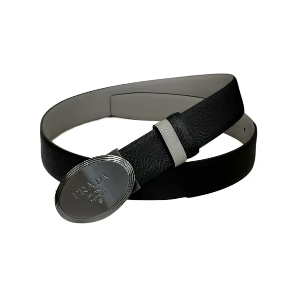 Prada Men' s Oval Buckle Belt In Black/Brown/Burgundy/Grey Saffiano Calfskin With Gold/Silver Hardware 34mm - Image 5