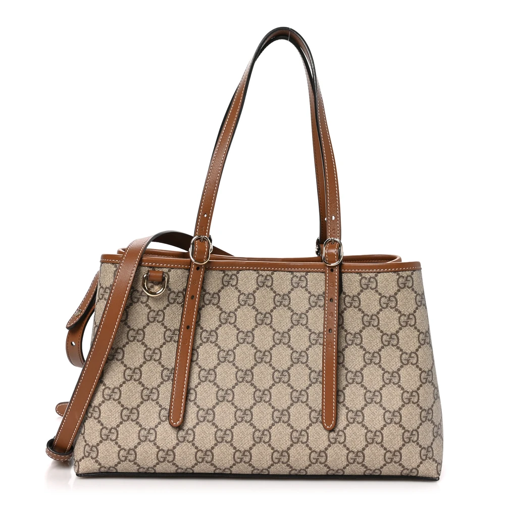 Gucci Bolsa Tote Pequena com Emblema Bege / Marrom Escuro GG Supreme Monograma em Canvas Revestido & Couro com Acabamento em Prata